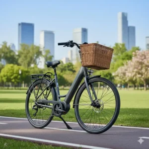 Nahaufnahme eines city e bike mit tiefem Einstieg und Korb für den vergleich mit trekking Modellen.