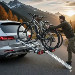 Praktische Anwendung der Auffahrschiene beim Fahrradträger für Anhängerkupplung mit Rampe.