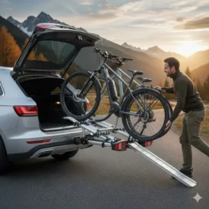Der Fahrradträger für Anhängerkupplung mit Rampe im abgeklappten Zustand für freien Kofferraumzugang.