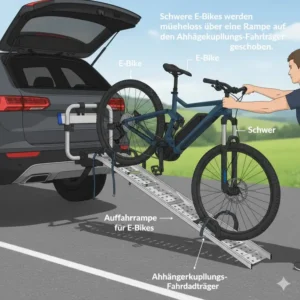 Schwere E-Bikes lassen sich leicht auf den Anhängerkupplungs-Fahrradträger mit Rampe schieben.