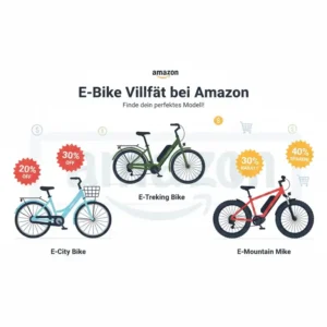 Illustration verschiedener E-Bike-Modelle, die Teil der e bike rabatt aktion amazon sind.