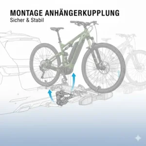 Illustration der einfachen Montage am E-Bike Fahrradträger mit Rampe für Anhängerkupplung.