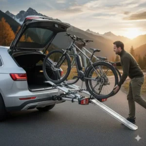 Kräfteschonendes Beladen schwerer E-Bikes auf den Fahrradträger für Anhängerkupplung mit Rampe.