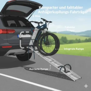 Ein kompakter, zusammengeklappter Anhängerkupplungs-Fahrradträger mit Rampe für die einfache Lagerung.