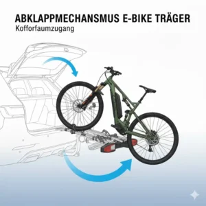 Der praktische Abklappmechanismus beim E-Bike Fahrradträger mit Rampe für Anhängerkupplung.