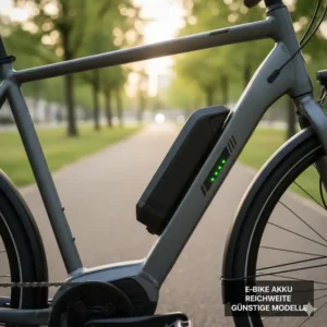 Detailansicht des Akkus eines e bike günstig unter 1000 euro Modells mit guter Reichweite.