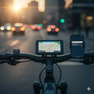 Detaillierte Ansicht des Smart Displays und der Konnektivitätsfunktionen an einem e bike premium modelle.