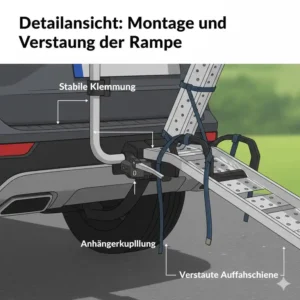 Detailaufnahme der sicheren Befestigung für einen Anhängerkupplungs-Fahrradträger mit Rampe.