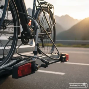 Detailansicht der Schlösser und Sicherungen am Fahrradträger für Anhängerkupplung mit Rampe.