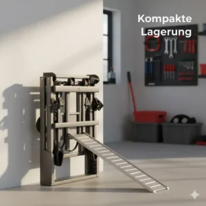 Platzsparende Lagerung in der Garage: Der zusammengefaltete Fahrradträger für Anhängerkupplung mit Rampe.