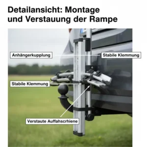 Beleuchtung und Sicherheitsmerkmale am Anhängerkupplungs-Fahrradträger mit Rampe.