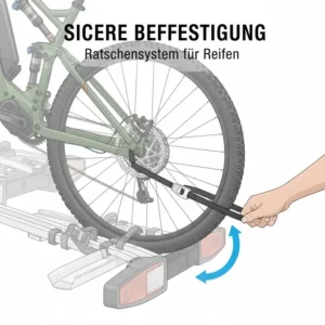 Darstellung der stabilen Reifenfixierung am E-Bike Fahrradträger mit Rampe für Anhängerkupplung.