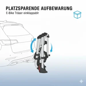 Ein kompakter, zusammengefalteter E-Bike Fahrradträger mit Rampe für Anhängerkupplung zur Lagerung.