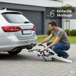 Schritt-für-Schritt Montage einer stabilen Fahrradträger für Anhängerkupplung mit Rampe am Auto.