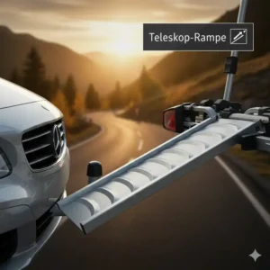 Nahaufnahme der stabilen Führungsschiene vom Fahrradträger für Anhängerkupplung mit Rampe.