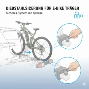 Illustration der integrierten Diebstahlsicherung am E-Bike Fahrradträger mit Rampe für Anhängerkupplung.
