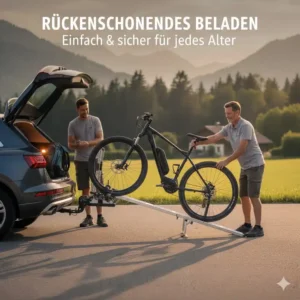 Rückenschonende Nutzung durch einen modernen Fahrradträger mit Rampe für Anhängerkupplung.