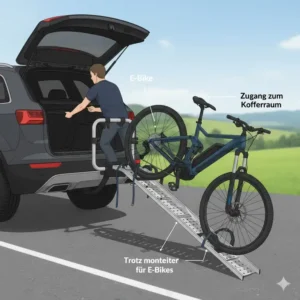 Sicher verstautes Zubehör direkt am Anhängerkupplungs-Fahrradträger mit Rampe.