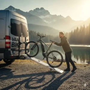 Einfaches Beladen eines E-Bikes auf den Fahrradträger mit Rampe für Van Anhängerkupplung.