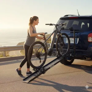 Das kraftschonende Beladen eines E-Bikes auf den Schwerlast Fahrradträger mit Rampe für Anhängerkupplung.
