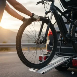 Nahaufnahme beim Beladen: E-Bike wird über den Fahrradträger mit Rampe für SUV Anhängerkupplung geschoben.