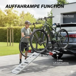 Illustration zur Funktion der Auffahrschiene am Fahrradträger mit Rampe für 1,25 Zoll Anhängerkupplung.