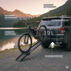Detailansicht der Auffahrschiene beim Fahrradträger mit Rampe für 2 Zoll Anhängerkupplung.