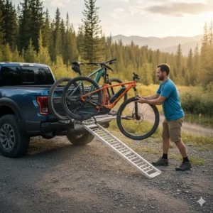Einfaches Beladen von E-Bikes auf einen Fahrradträger mit Rampe für Pickup Anhängerkupplung.