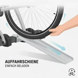 Die Funktionsweise der Auffahrschiene für einen Günstiger Fahrradträger mit Rampe für Anhängerkupplung.
