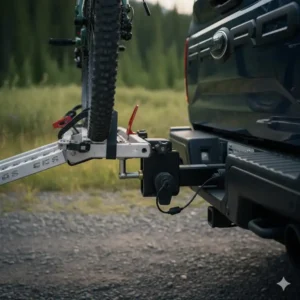 Detailansicht der Befestigung: Fahrradträger mit Rampe für Pickup Anhängerkupplung.