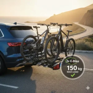 Illustration der hohen Tragfähigkeit für den Schwerlast Fahrradträger mit Rampe für Anhängerkupplung.