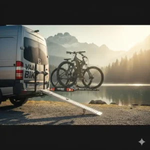 Detailansicht der stabilen Schiene am Fahrradträger mit Rampe für Van Anhängerkupplung.