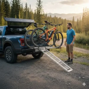 Die Abklappfunktion beim Fahrradträger mit Rampe für Pickup Anhängerkupplung für Heckklappenzugang.