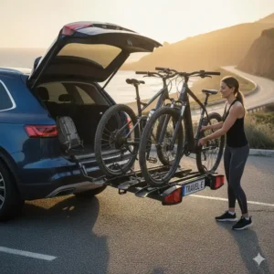Der praktische Abklappmechanismus beim Schwerlast Fahrradträger mit Rampe für Anhängerkupplung.
