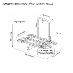 Technische Zeichnung und Maße für einen Fahrradträger mit Rampe für 1,25 Zoll Anhängerkupplung.