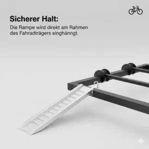 Sichere Befestigung der Fahrradträger Rampe zum Beladen von E-Bikes am Trägersystem.