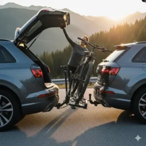 Der Abklappmechanismus ermöglicht beim Fahrradträger mit Rampe für SUV Anhängerkupplung freien Zugang zum Kofferraum.