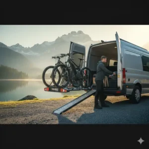 Geöffnete Hecktüren dank der Abklappfunktion vom Fahrradträger mit Rampe für Van Anhängerkupplung.