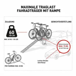 Infografik zur Traglast von E-Bikes auf einem Fahrradträger mit Rampe für 1,25 Zoll Anhängerkupplung.