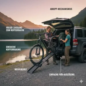 Der praktische Abkippmechanismus am Fahrradträger mit Rampe für 2 Zoll Anhängerkupplung.