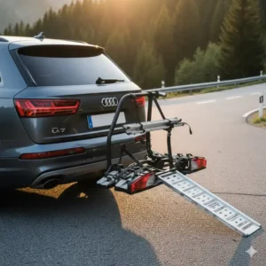 Illustration zeigt, wie die Schiene am Fahrradträger mit Rampe für SUV Anhängerkupplung sicher verstaut wird.