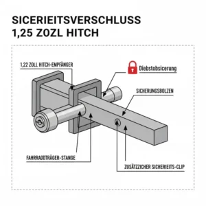 Sicherheitsmerkmale und Verriegelung beim Fahrradträger mit Rampe für 1,25 Zoll Anhängerkupplung.