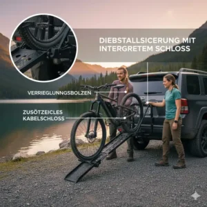 Diebstahlsicherung und integrierte Schlösser am Fahrradträger mit Rampe für 2 Zoll Anhängerkupplung.