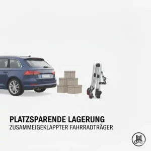 Platzsparende Lagerung für einen Günstiger Fahrradträger mit Rampe für Anhängerkupplung in der Garage.