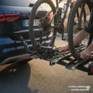 Detailansicht der stabilen Befestigung am Schwerlast Fahrradträger mit Rampe für Anhängerkupplung.