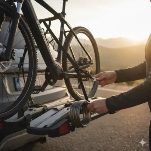 Detailansicht der Schlösser und Sicherungen am Fahrradträger mit Rampe für SUV Anhängerkupplung.