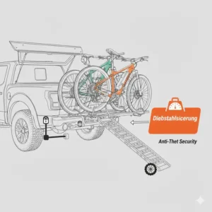 Diebstahlsicherung und Schlösser am Fahrradträger mit Rampe für Pickup Anhängerkupplung.