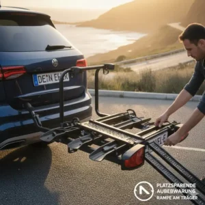 Verstauen der Auffahrschiene direkt am Schwerlast Fahrradträger mit Rampe für Anhängerkupplung.