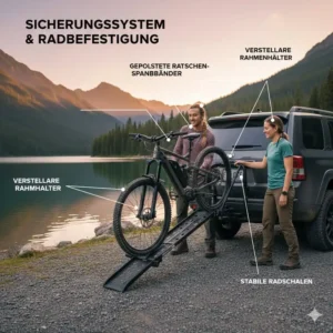 Das Sicherungssystem zur Radbefestigung am Fahrradträger mit Rampe für 2 Zoll Anhängerkupplung.