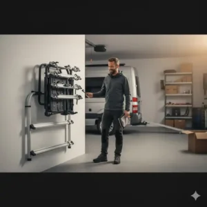 Platzsparende Lagerung in der Garage für den Fahrradträger mit Rampe für Van Anhängerkupplung.
